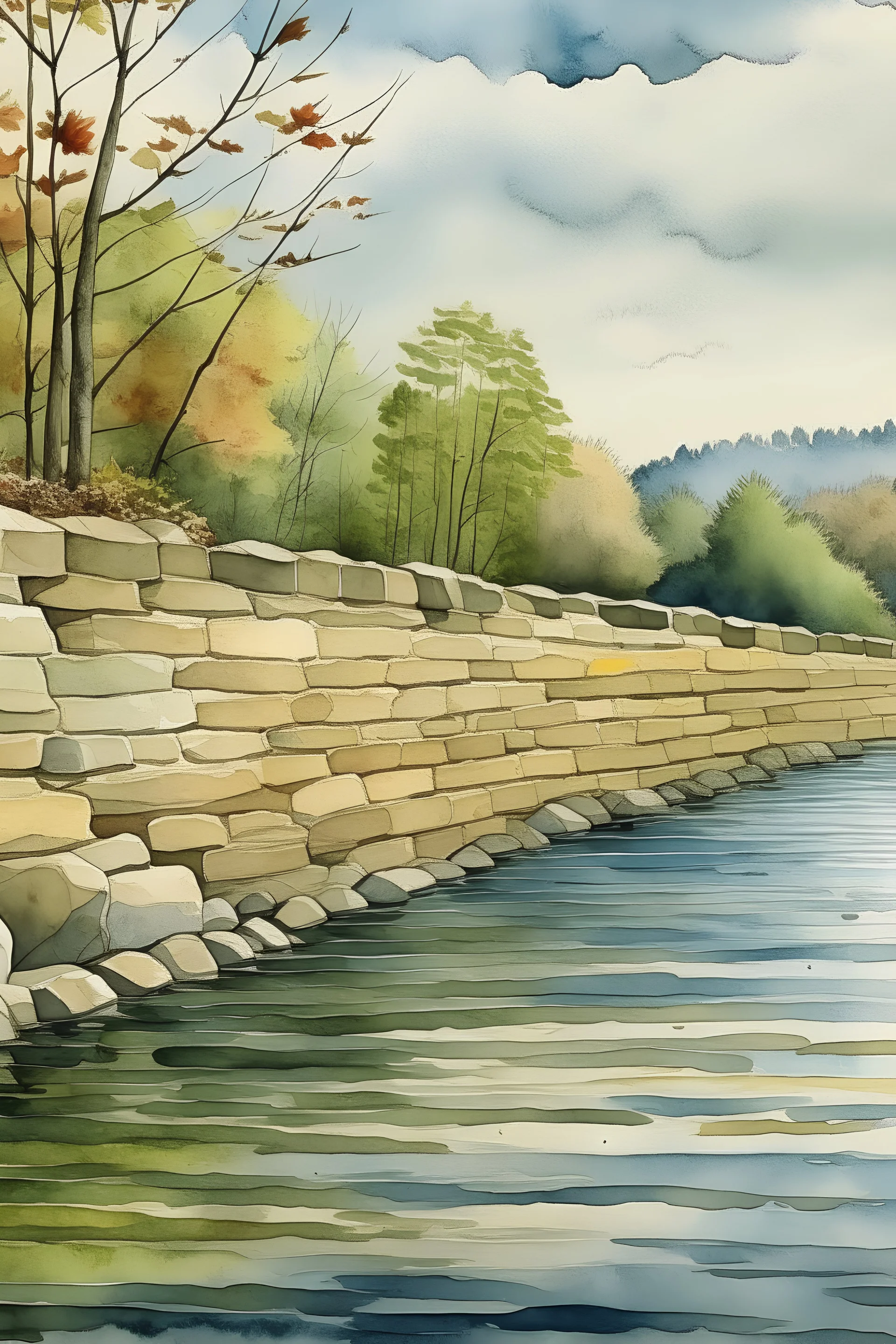 A bank of the lake stone wall - long view - water color illustration