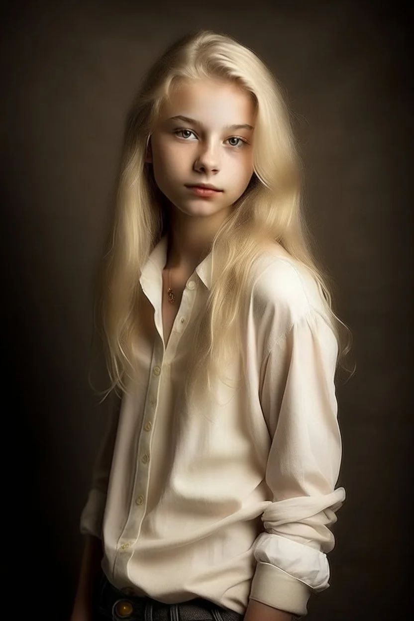 pretty girl, aged 14, blonde, conventionally attractive, dreamy, full body portrait