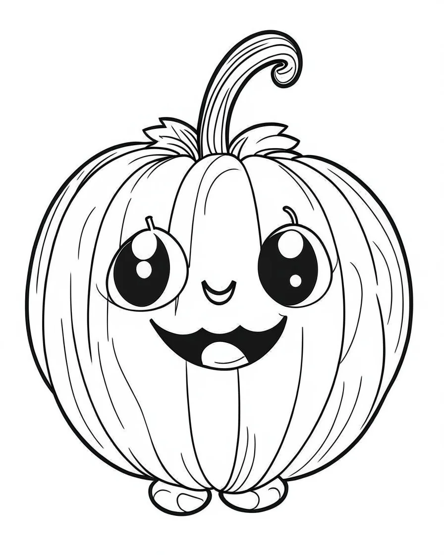 outline art for halloween coloring pages for kids with cartoon cute happy pumpkin , white background, Sketch style, full body, only use outline, clean line art, white background, no shadows and clear and well outlined, coloring page for kids, kawaii style