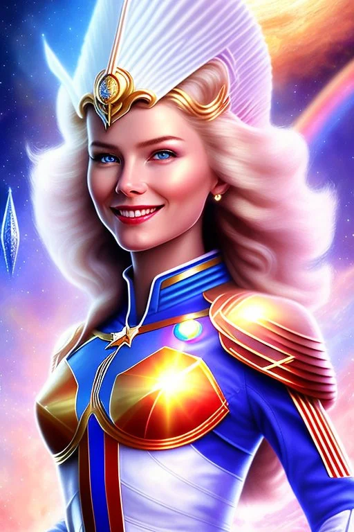 cosmic woman smile, admiral from the future, one fine whole face, crystalline skin, expressive blue eyes,rainbow, smiling lips, very nice smile, costume pleiadian, Beautiful tall woman pleiadian Galactic commander, ship, perfect datailed golden galactic suit, high rank, long blond hair, hand whit five perfect detailed finger, amazing big blue eyes, smilling mouth, high drfinition lips, cosmic happiness, bright colors, blue, pink, gold, jewels, realist, high commander