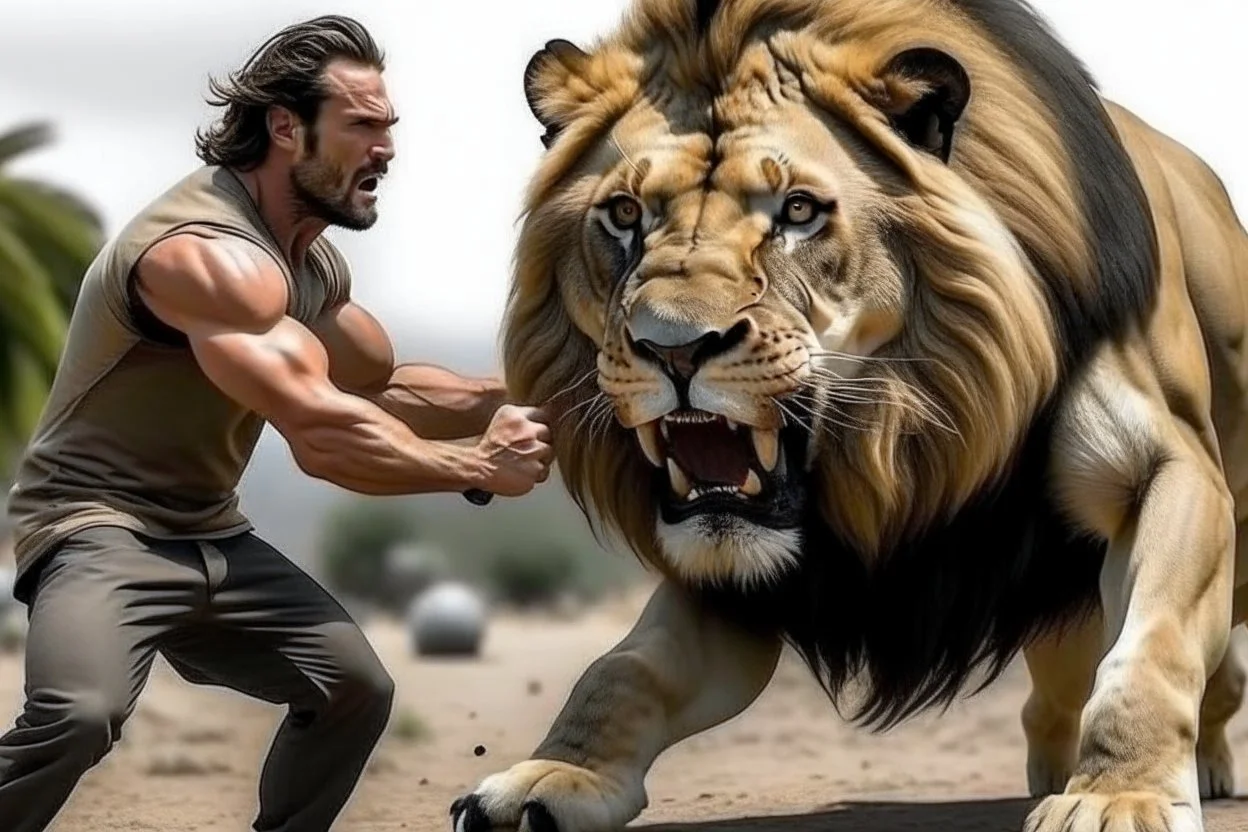 MAN FIGHTNG LION REAL LIFE PHOTO REASLISTIC