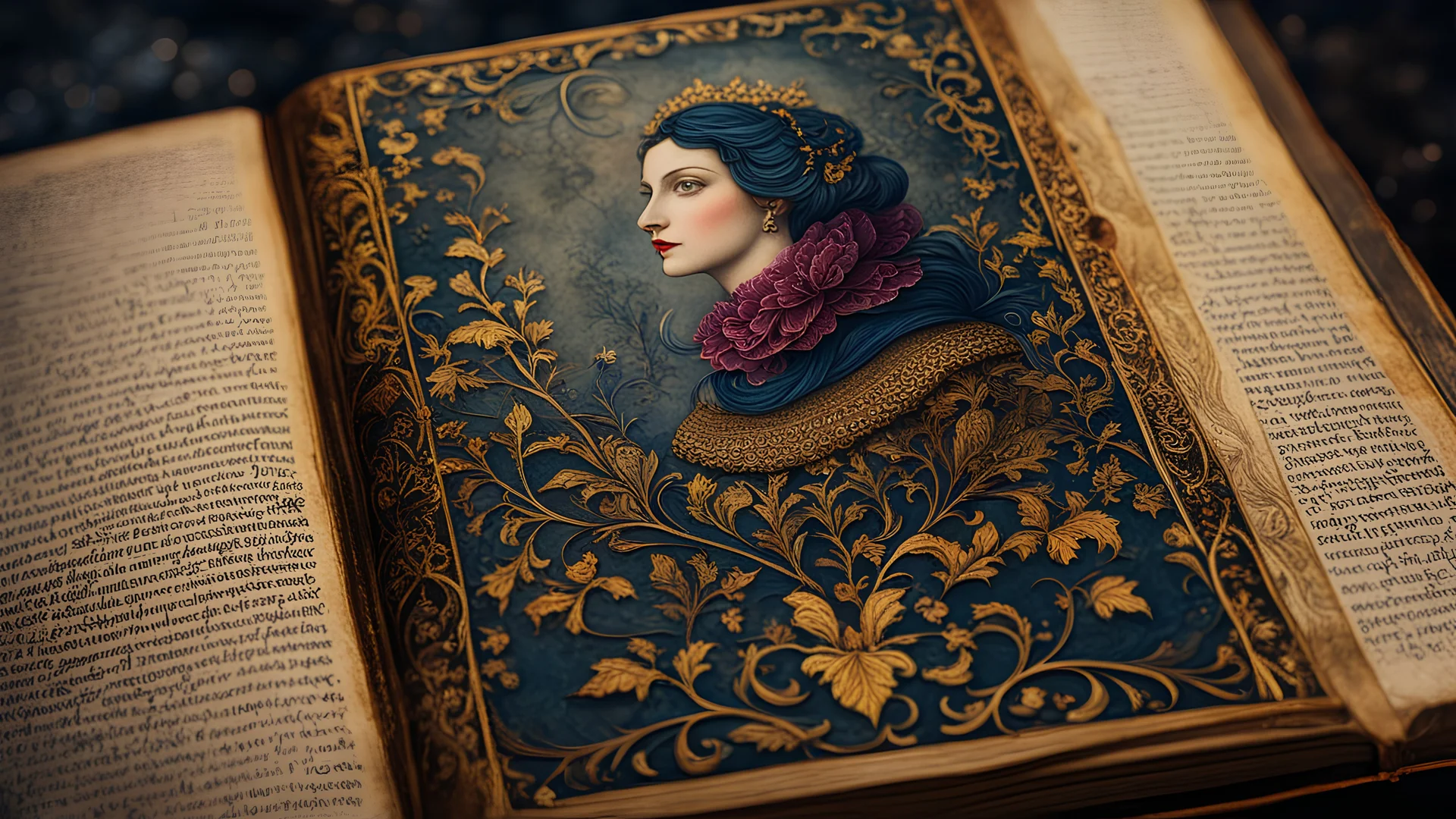 high detailed professional dark and moody macro-photo of a illuminated illustration of a fair lady manuscript out from a corner page in an old medieval book, botanical illustration, gold filigree, illustration, grainy, intricate details, with vibrant colors, bold colors, thick atmospheric fog. 35mm photograph, film, bokeh, professional, 4k, highly detailed, skin detail realistic, ultra realistic, macro photography, close-up, hyper detailed, trending on artstation, sharp focus, studio photo