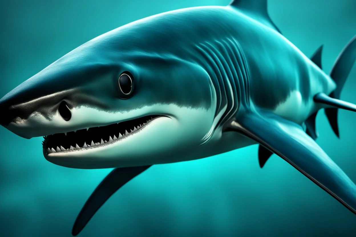 Black shark in 8k realistic animated drawing, symbiote effects, blue lights, sea, intricate details, highly detailed, high details, detailed portrait, masterpiece,ultra detailed, ultra quality