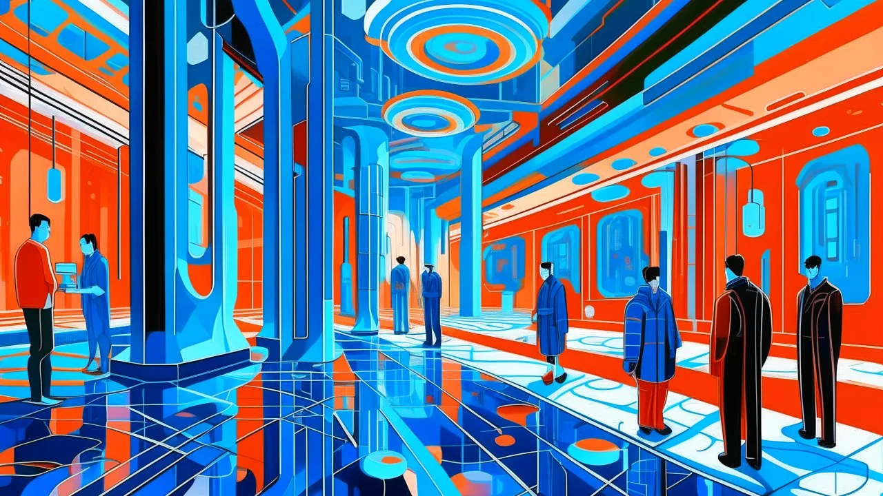 A digital painting by Kuniyoshi and Matisse of tech-people walking inside a futuristic matrix world.