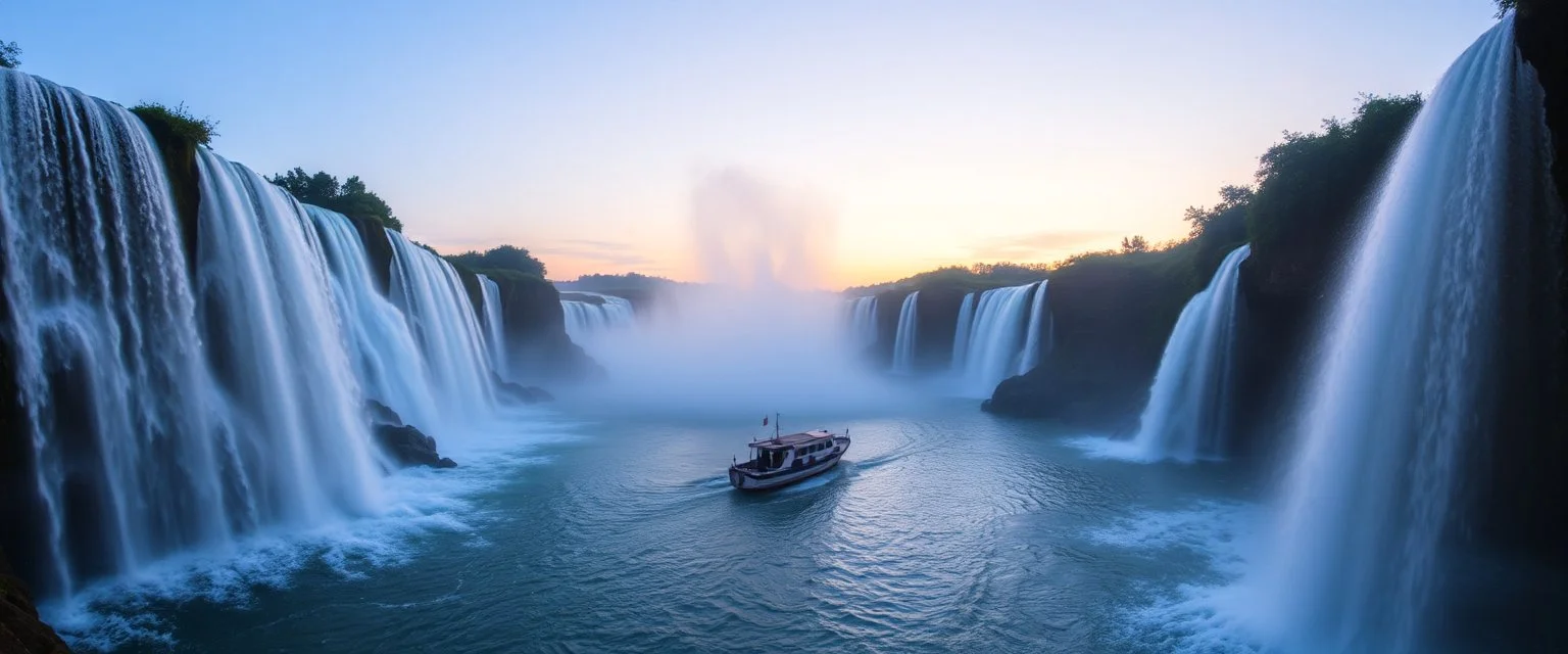 aqua-ducts with boats in it and waterfalls, at sunset