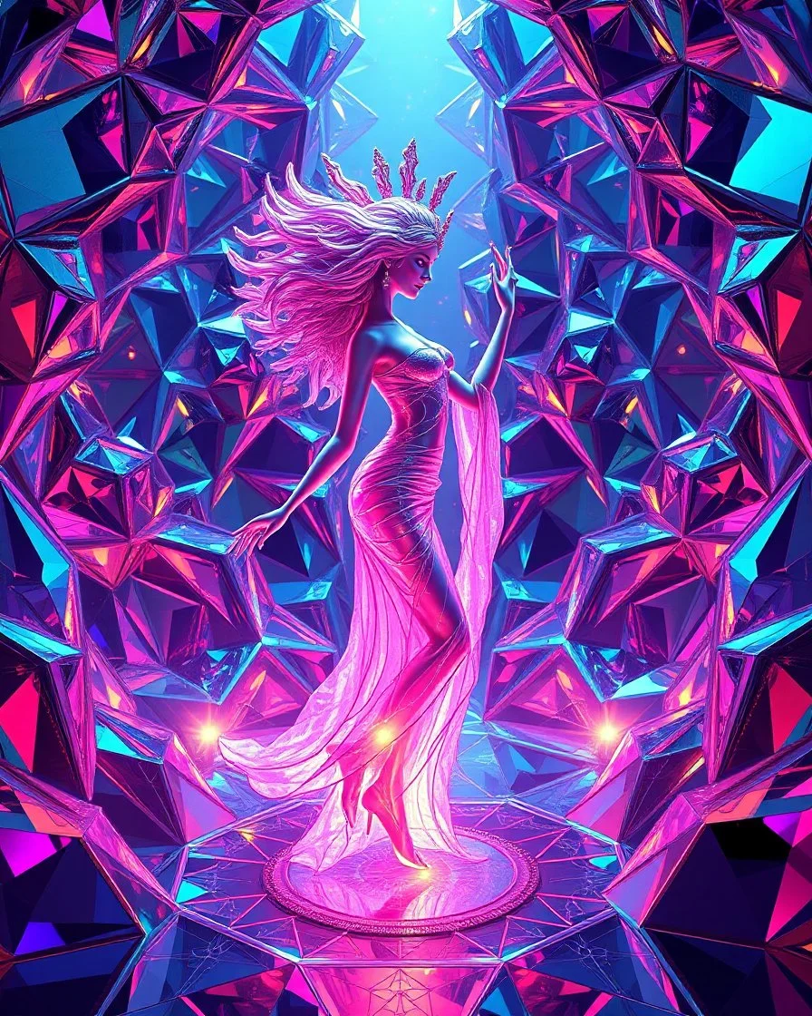 very complex structure ,pretty viberating color environment 3d metalic and crystal recursive animating beveled geometric base very complex structure future world evolving background and realistic modern goddess lady in pretty cleric dress comes out dancing gracefully , viberating color moving very in modern city escape environment while camera tracking it.