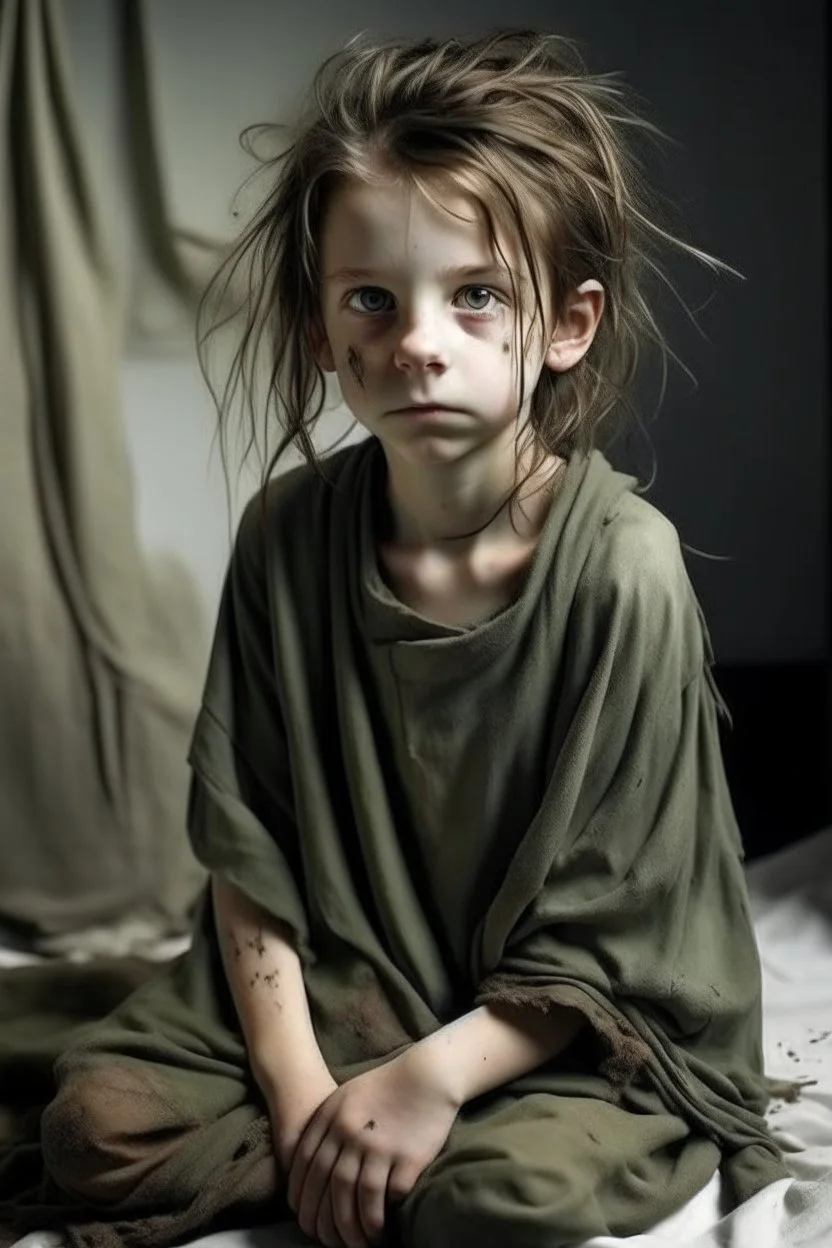 very thin 13 year old girl, dressed in rags, lon messy haircut, A Cure for Wellness style, full figure