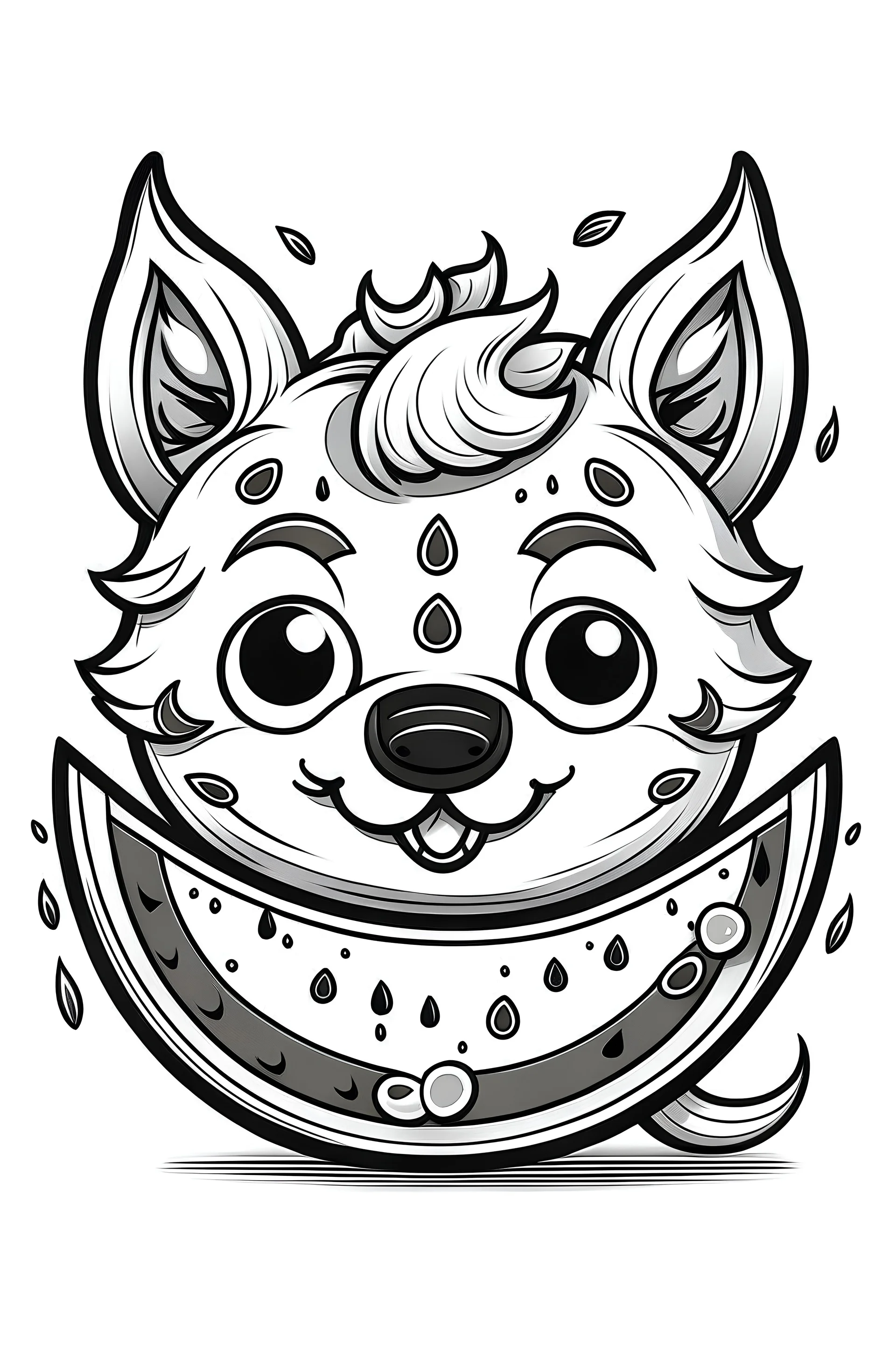 cute cartoon watermelon merged with wolf Fruitimal, line art, detailed, white and black, only use outline, no shadows, simple background, dark outlines, no color, coloring book, pixar style