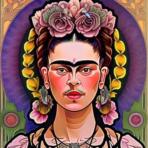 A beautiful portrait of Frida Kahlo by alphonse mucha, japanese tatoos, 4k, high details