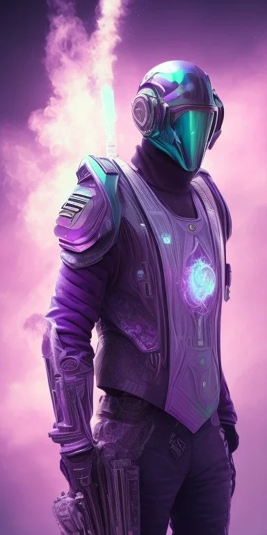 purple galaxy masked super villain, weapons in hands, teal and purple smoke, full portrait, hyper realistic, 4k