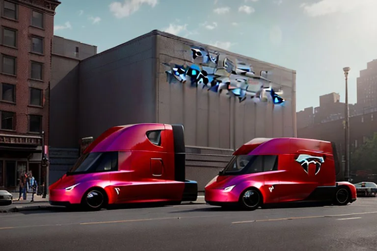 A Tesla 'Semi' (semi truck) is parked, near the building of the 'Friends' series in New York. (CINEMATIC, WIDE ANGLE LENS, PHOTO REAL)