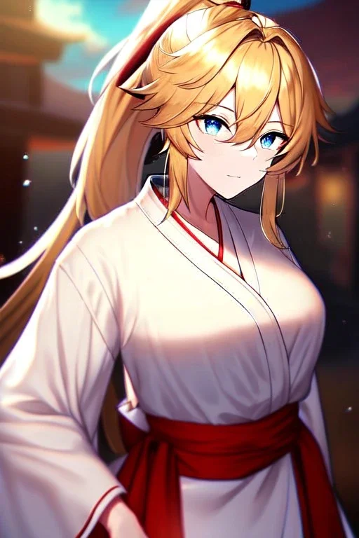 girl, masterpiece, best quality, cinematic lighting, detailed outfit, vibrant colors, perfect eyes, blue eyes, long hair, golden hair, messy hair, hair between eyes, depth of field, ray tracing, ponytail, miko,