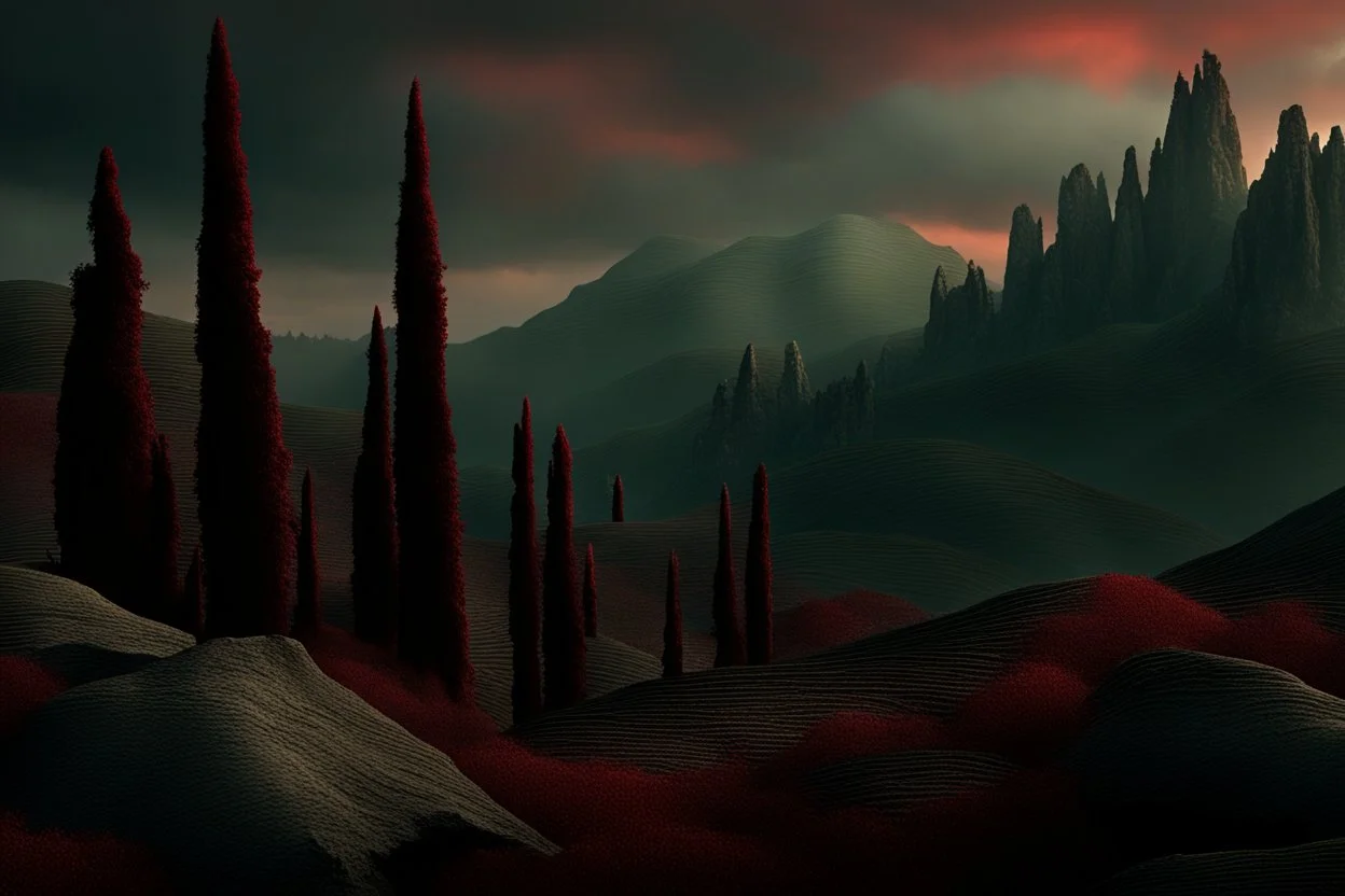 mountains, a gloomy rocky landscape, cypresses stretching up in the foreground, rocks and a bloody sky in the background