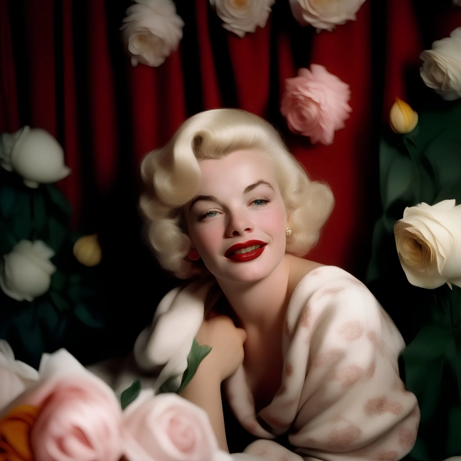 A photograph of childish and fresh marilyn monroe,with white hair, no make up, in the style of Cecil beaton, a white scarf around her shoulders, in a hotel with flowered wallpaper, a rose
