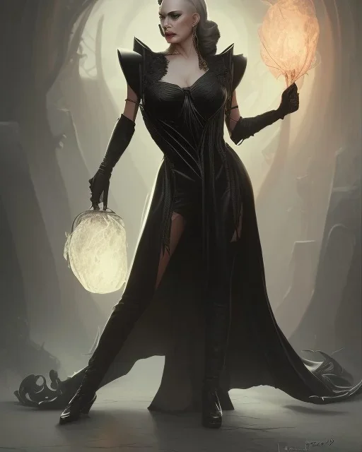 old evil queen in black leather gown, femme fatale, volouptous, busty, cleavage, angry, emperious, 8k resolution concept art portrait by Greg Rutkowski,