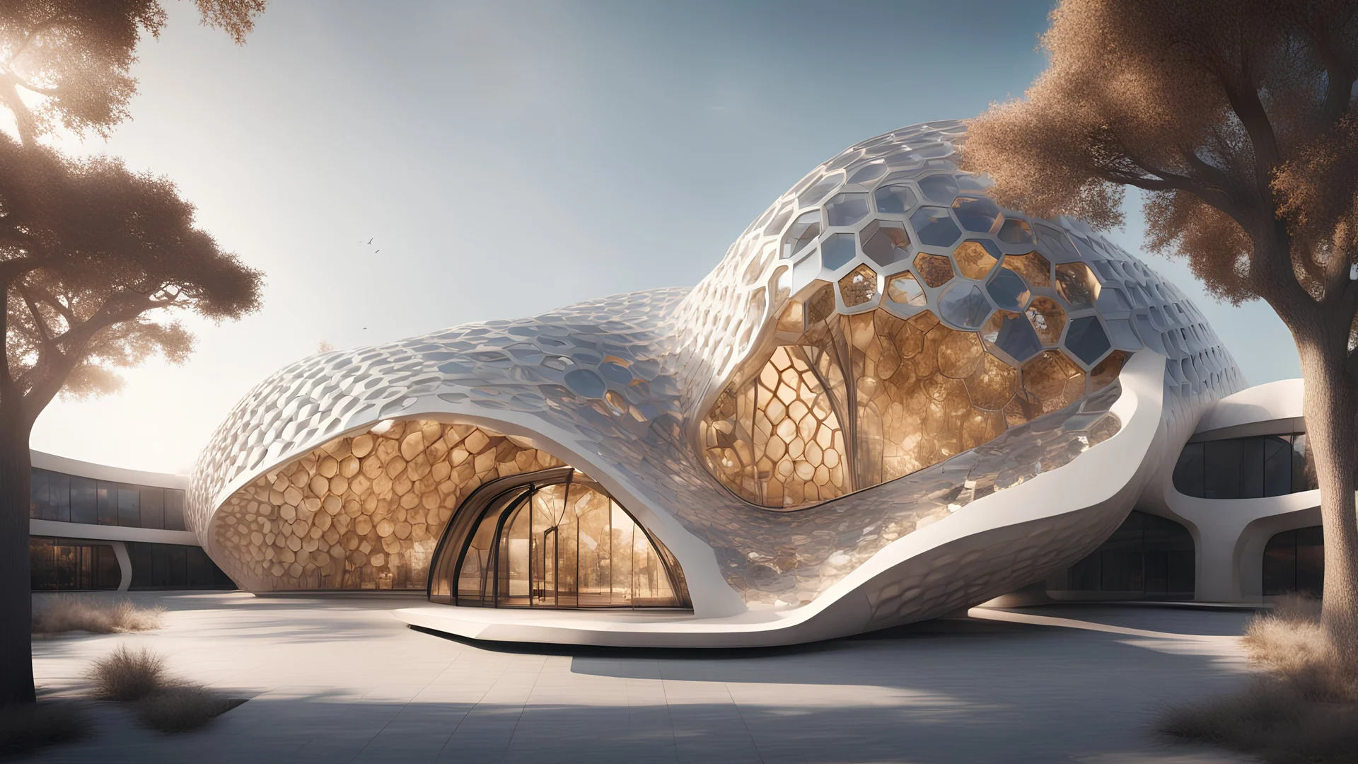 A sprawling structure with a shell-like, curved exterior made of cutting-edge, solar-absorbing materials. The building features an array of hexagonal windows that maximize natural light and provide a futuristic, honeycomb aesthetic, Ultra Realism, beautiful intricate insanely detailed octane render, 5d, 16k, artistic photography, soft natural volumetric perfect light, chiaroscuro, award-winning photograph, masterpiece, rule of thirds, 80mm lens, adjust perspective