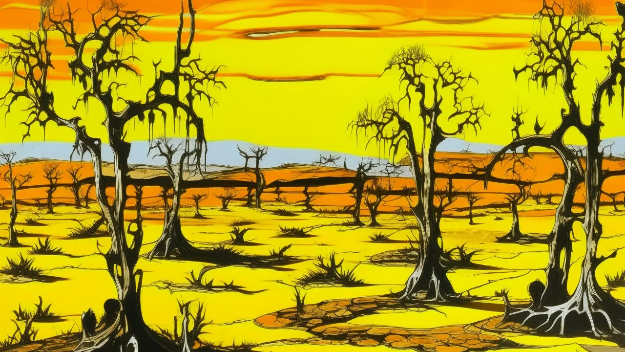 Orangish yellow bony wastelands with dry trees designed in African pottery painted by Andy Warhol