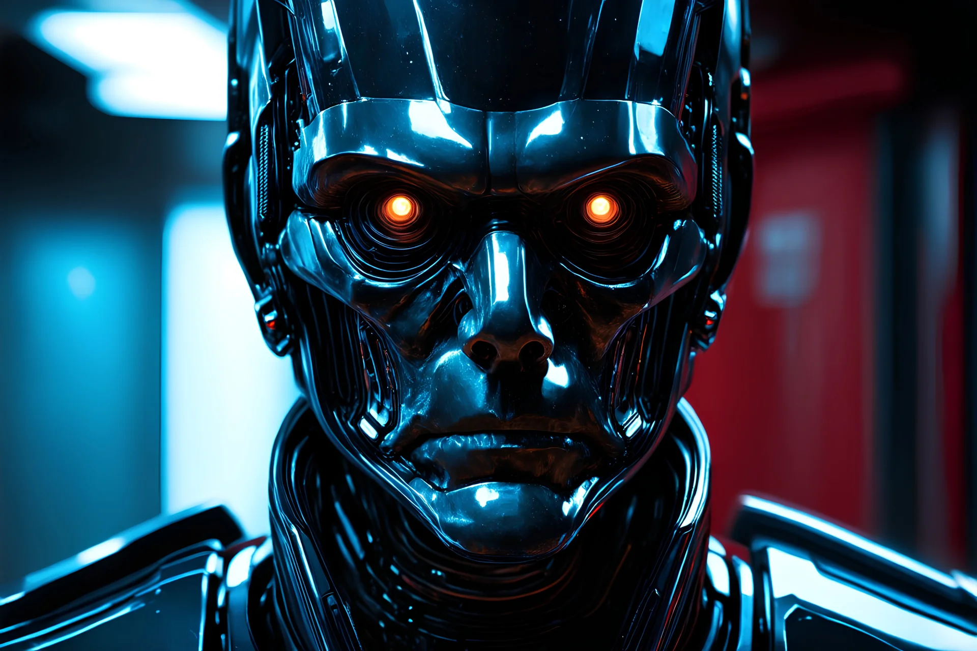 4k full realism. Full details. Lumieres ultra. Crée le portrait d un robot inquiétant dans le genre terminator