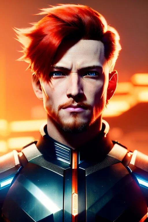Male Cyborg anime warrior, orange hair, long hair, blue eyes, waist up portrait, 8k resolution, intricate details, ornate details, soft lighting, vibrant colors, retroanime, masterpiece, intricate eyeliner, dark eyeshadow, eyes, futuristic cityscape background