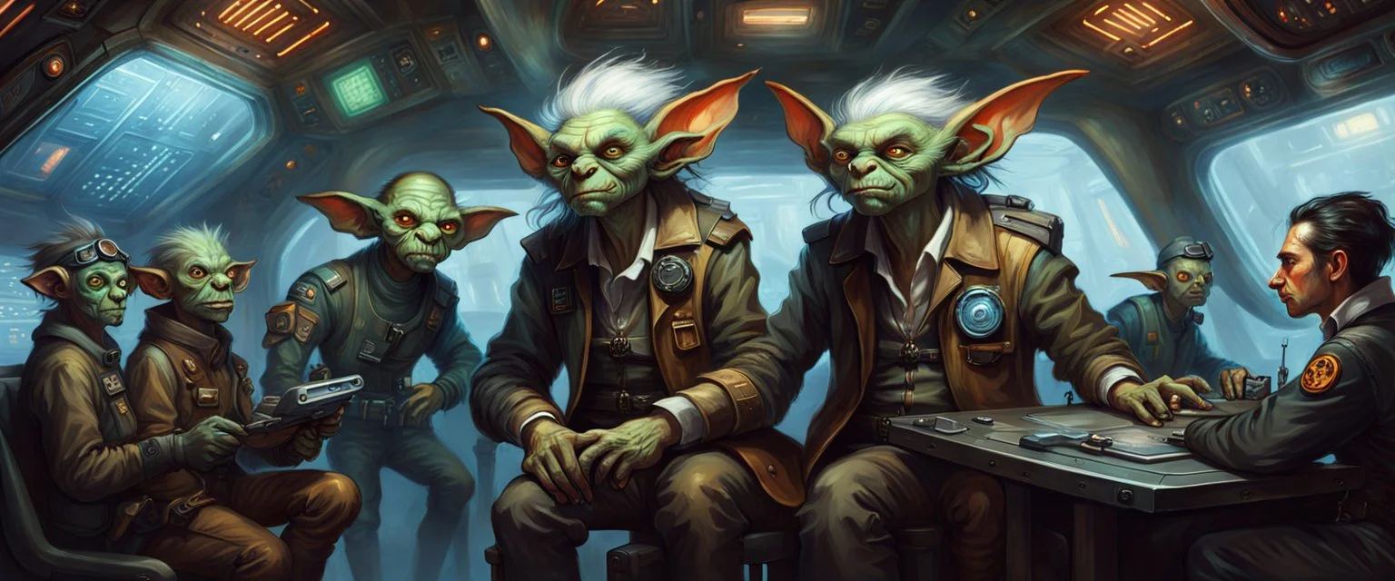 portrait of researcher slender alien rich hill troll drow elf hill billy fluffy captain pilot focus controlling flight stick in deep action, gremlin cyber punk with crew members, in sci fi air ship waiting hall, in future dynasty, painted by Rembrandt