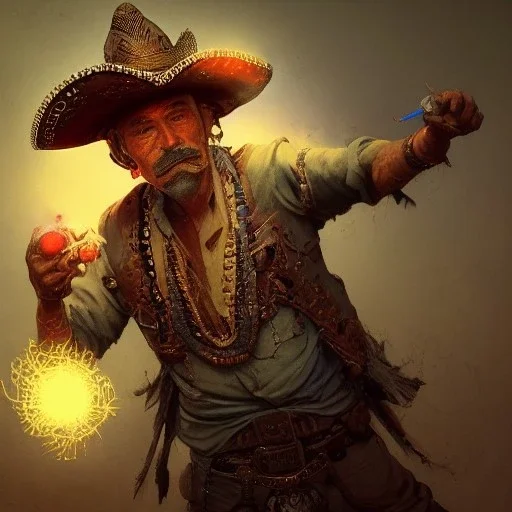 Insanely detailed photograph of an “ a mustachioed cowboy warrior "with worn Sombrero, handsome charo,cigar,glowing D20 in outstretched hand, hyperdetailed painting by Ismail Inceoglu Huang Guangjian and Dan Witz CGSociety ZBrush Central fantasy art album cover art,8K, hdr, mysterious, flickeringlights ,Stoic