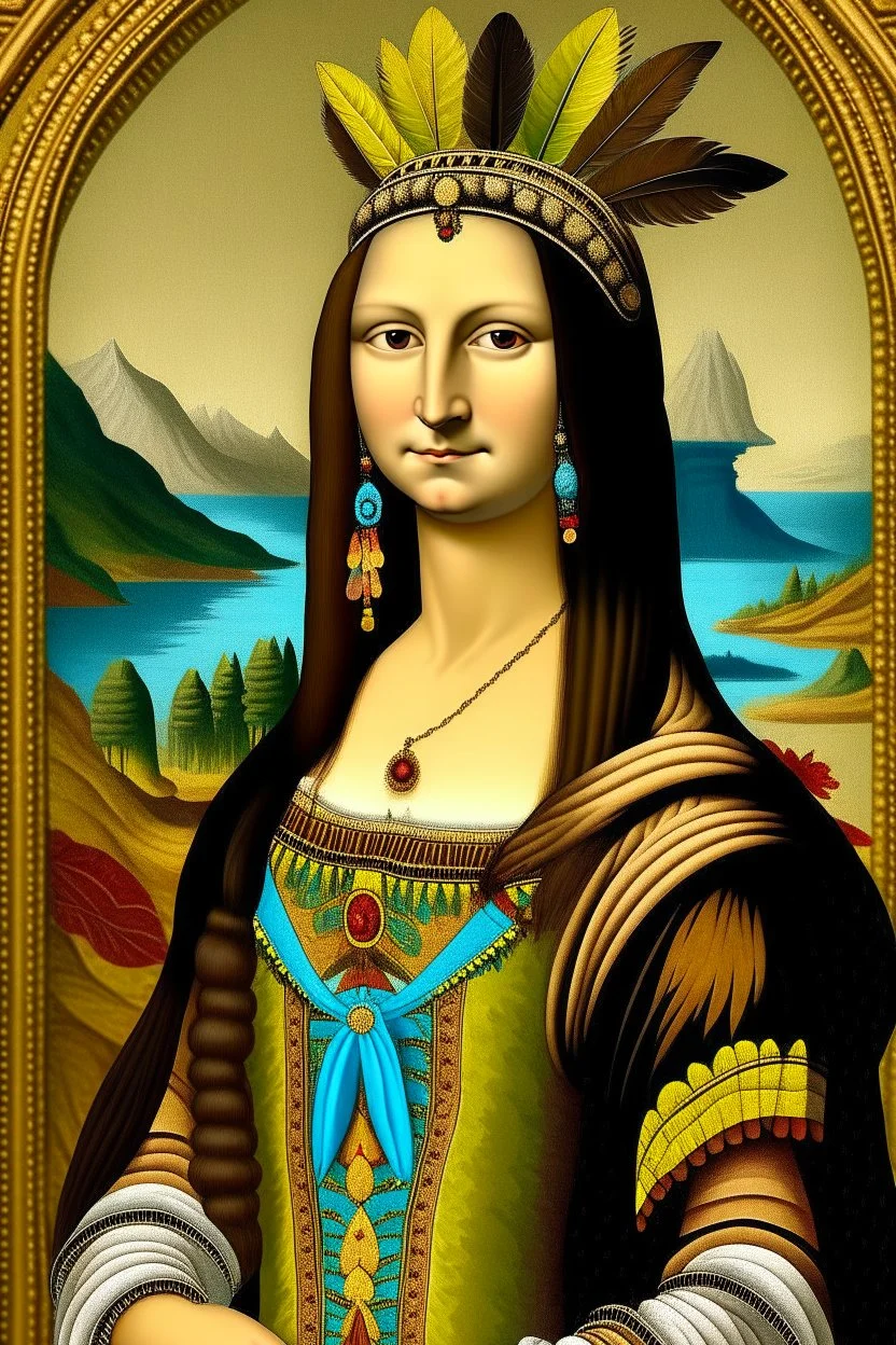 Mona Lisa wears a Pocahontas dress and a Native American feather on her head