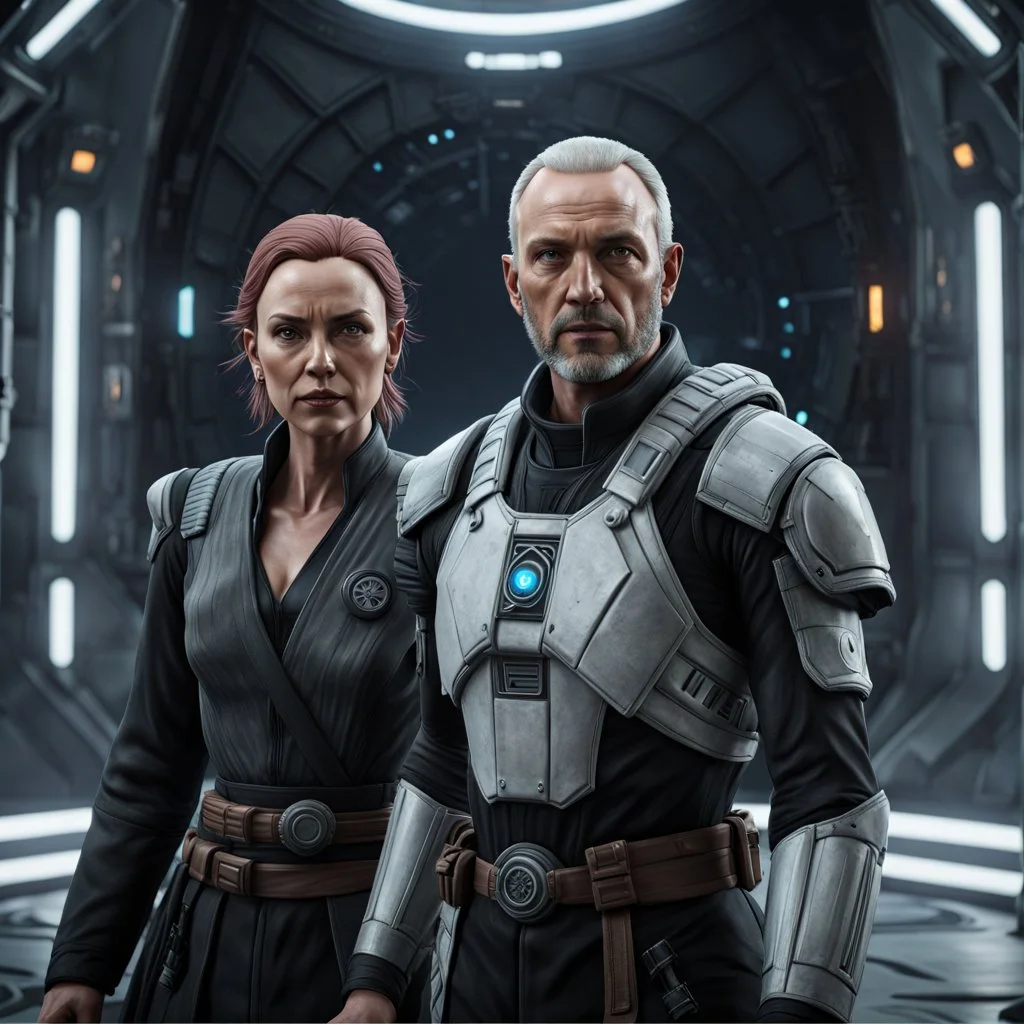 a bold and heroic bald male Corellian pilot in black and grey First Order special forces gear meets a female Jedi Master in ancient, mystical temple, hyperdetailed, dynamic lighting, hyperdetailed background, 8k resolution, volumetric lighting, light skin, fully symmetric details