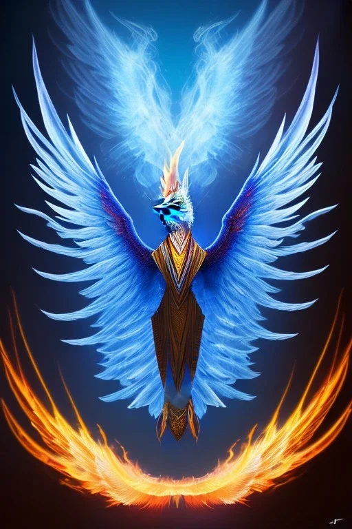 blue phoenix, flaming wings, balanced, beautiful, smooth, flying, graceful