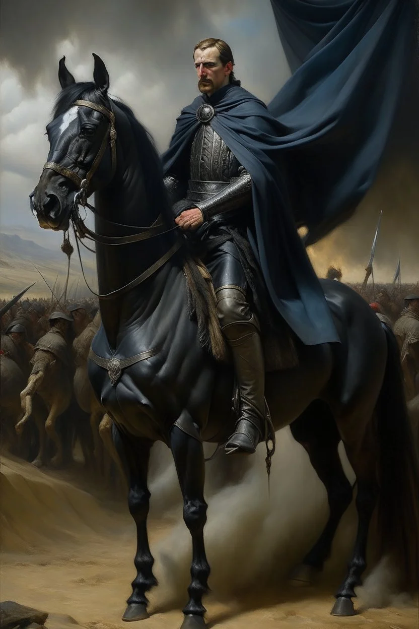 Oil painting of a very handsome king dressed in black in full on a black horse standing in the middle of a battlefield Photorealistic