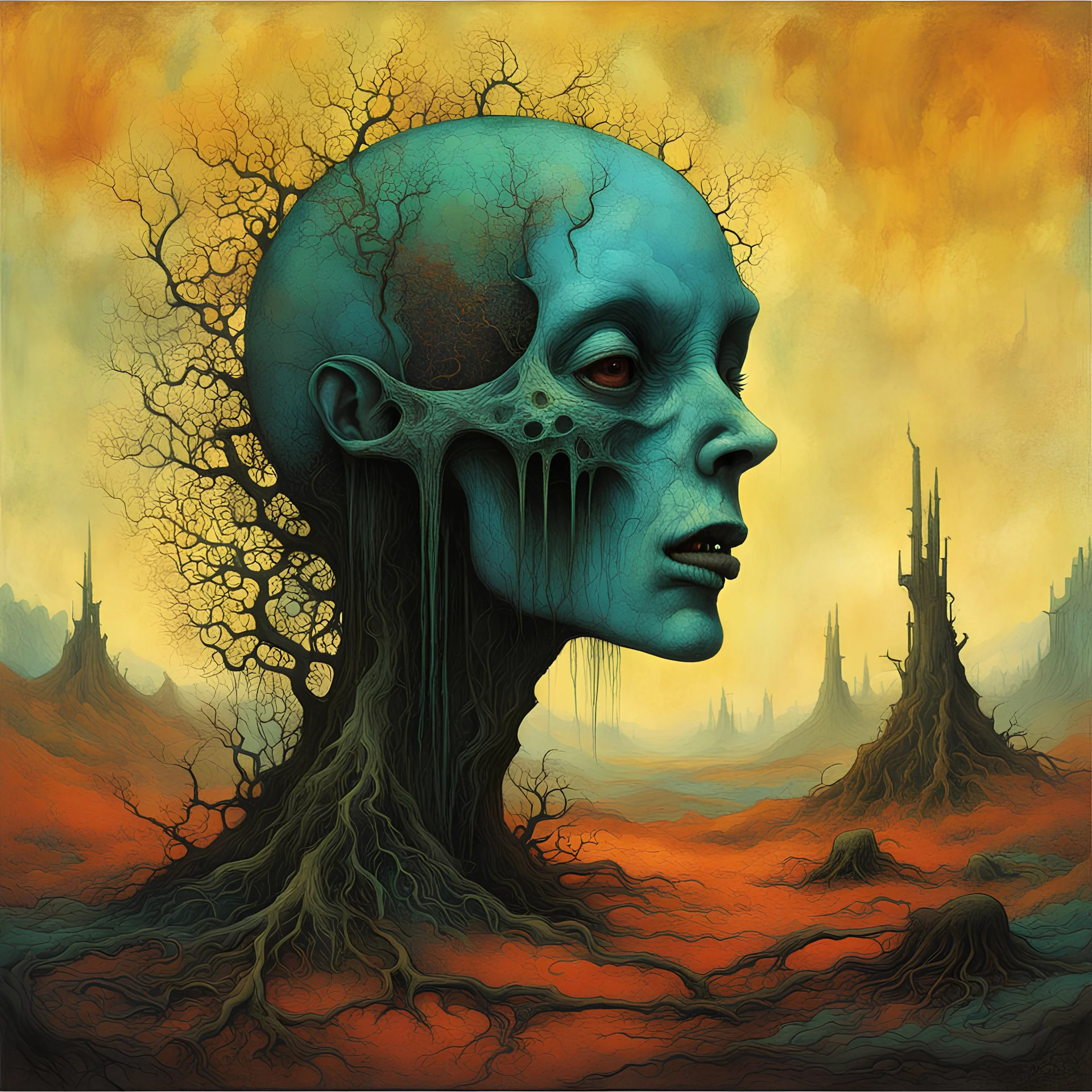 Instant still incident Subsistence is inexistent, Tracy Adams and Gabriel Pacheco and Zdzislaw Beksinski deliver a abstract surreal masterpiece, bright colors, sinister, creepy, sharp focus, art from beyond, asymmetric,