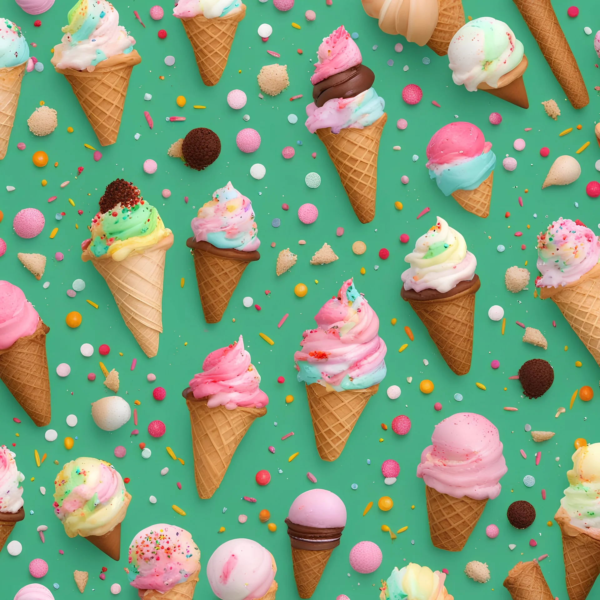 Ice cream, cones and sprinkles on a green background