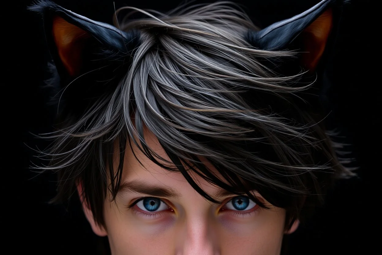 A man with messy black hair, black cat ears on his head, blue eyes.