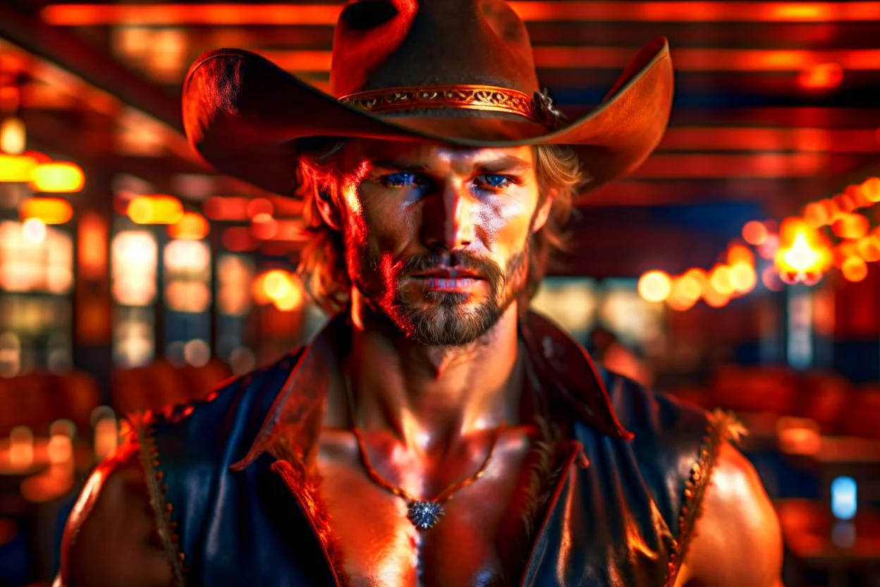 Young rough and rugged muscular cowboy photorealistic in a saloon