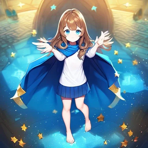 Clear focus, High resolution, A anime teen, cute, rough line skecth, star around kid, sparkling eyes, medium fluffy brown hair, blue sparkling eyes, 1girl (solo), wearing a blue snow cloak and a white shirt, epic battle stance, (((Full body)))