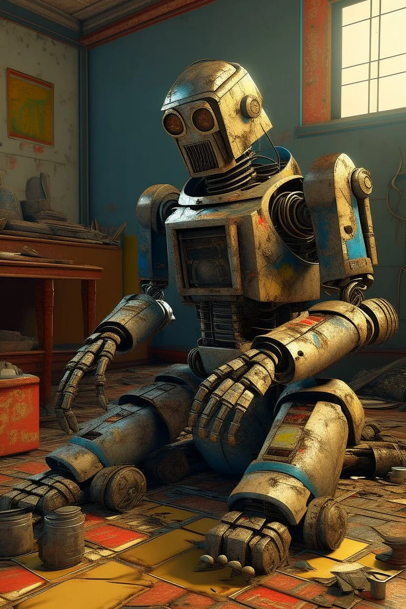 "A very old paints cracked dirty abandoned Robot sitting on the floor playing and old cracked accordion, insanely detailed octane render trending on artstation, 8k artistic photography, photorealistic concept art, soft natural volumetric cinematic perfect light, chiaroscuro, award-winning photograph, masterpiece, oil on canvas, Raphael, Caravaggio, Greg Rutkowski, people, beksinski, Giger