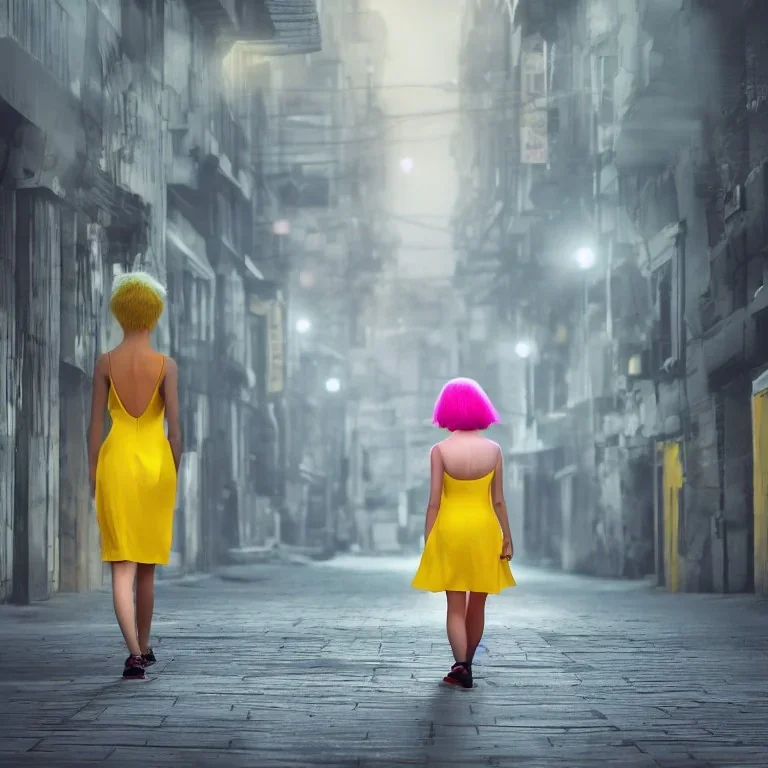 Beautiful lonely girl who walks along a street without people at dawn. You see her from behind. She wears a very short yellow dress. She has short pink hair with glowing crystals. Full body, 8k resolution concept art. Professional Photo HD. Stylish. Warm vivid colors. Panoramic