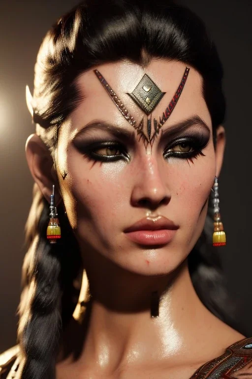 Barbarian character, animal hide armor, physically fit, tribal tattoos, washboard abs, red facepaint, dark eyeshadow, intricate eyeliner, soft round eyes, beads in hair, 8k resolution, cinematic smooth, intricate details, vibrant colors, realistic details, masterpiece, oil on canvas, smokey background
