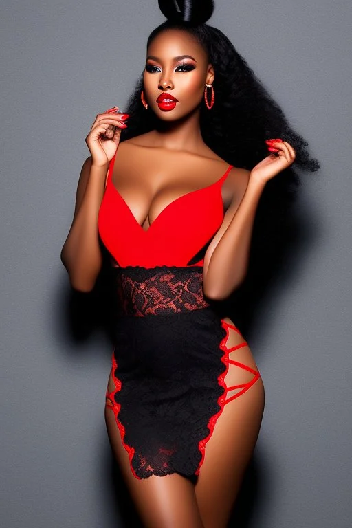 very beautifull black curvy woman, sexy red lace mini dress with make up,dynamic ligth,bright background ,blue backlight