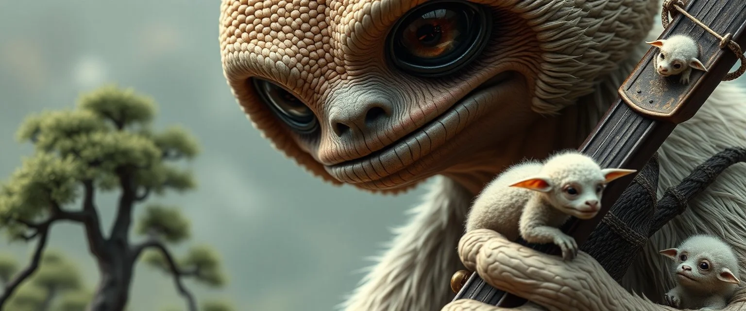 close up on member of jazz band giant polar alien sloth gremlin sheep flock climbing trees