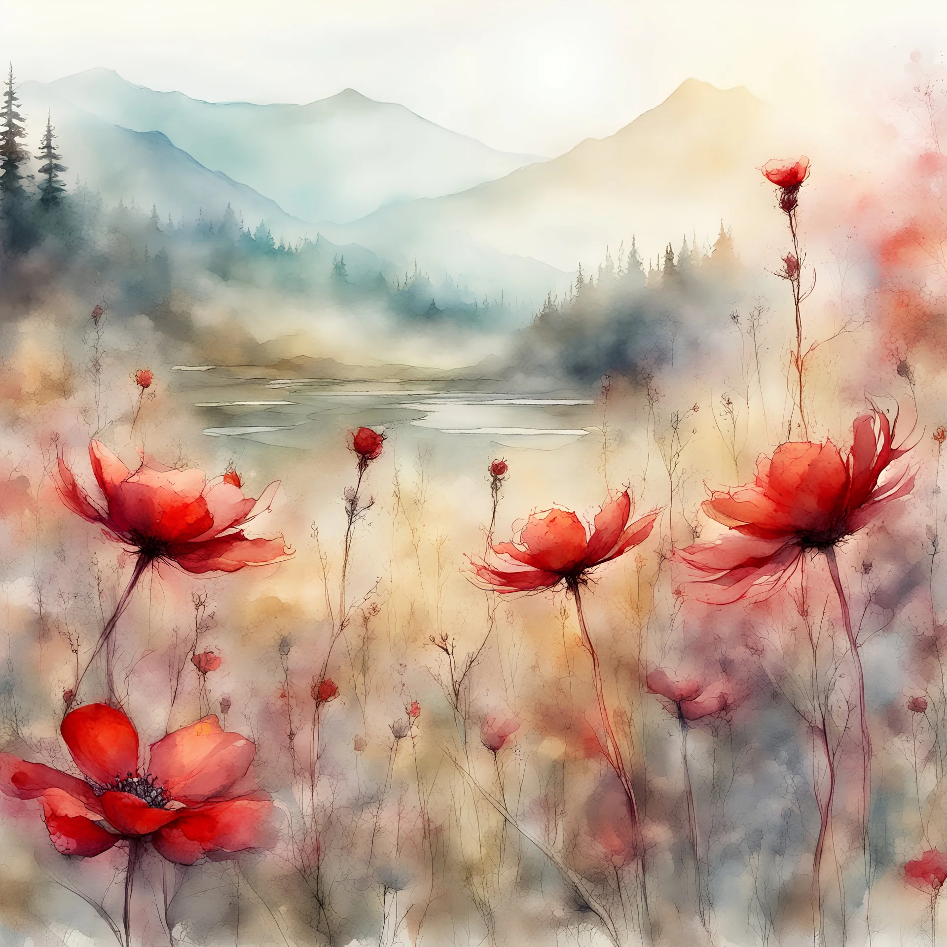 Digital colorful red watercolor Illustration of a beautiful Vibrant red flower meadow fantasy red landscape, mountain river wildflowers butterflies in the morning light, by JB, Waterhouse :: Carne Griffiths, Minjae Lee, Ana Paula Hoppe, :: :: Stylized Splash watercolor art :: Intricate :: Complex contrast :: HDR :: Sharp :: soft :: Cinematic Volumetric lighting :: flowery pastel colours :: wide long shot