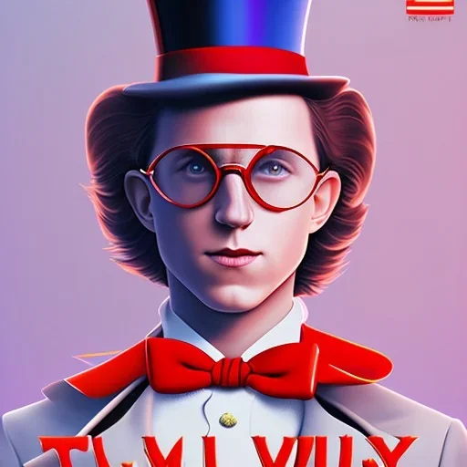 tom holland willy wonka, evil, red goggles, top hat, cowl