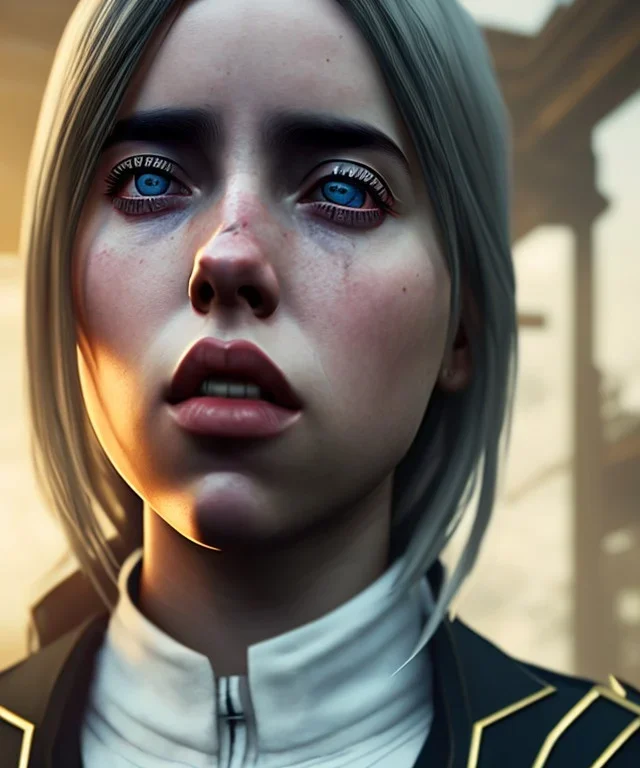 Billie Eilish, Dishonored 2, realistic, 4k, not to be distinguished from a photo, identical pupils, photorealistic illustration, 8k