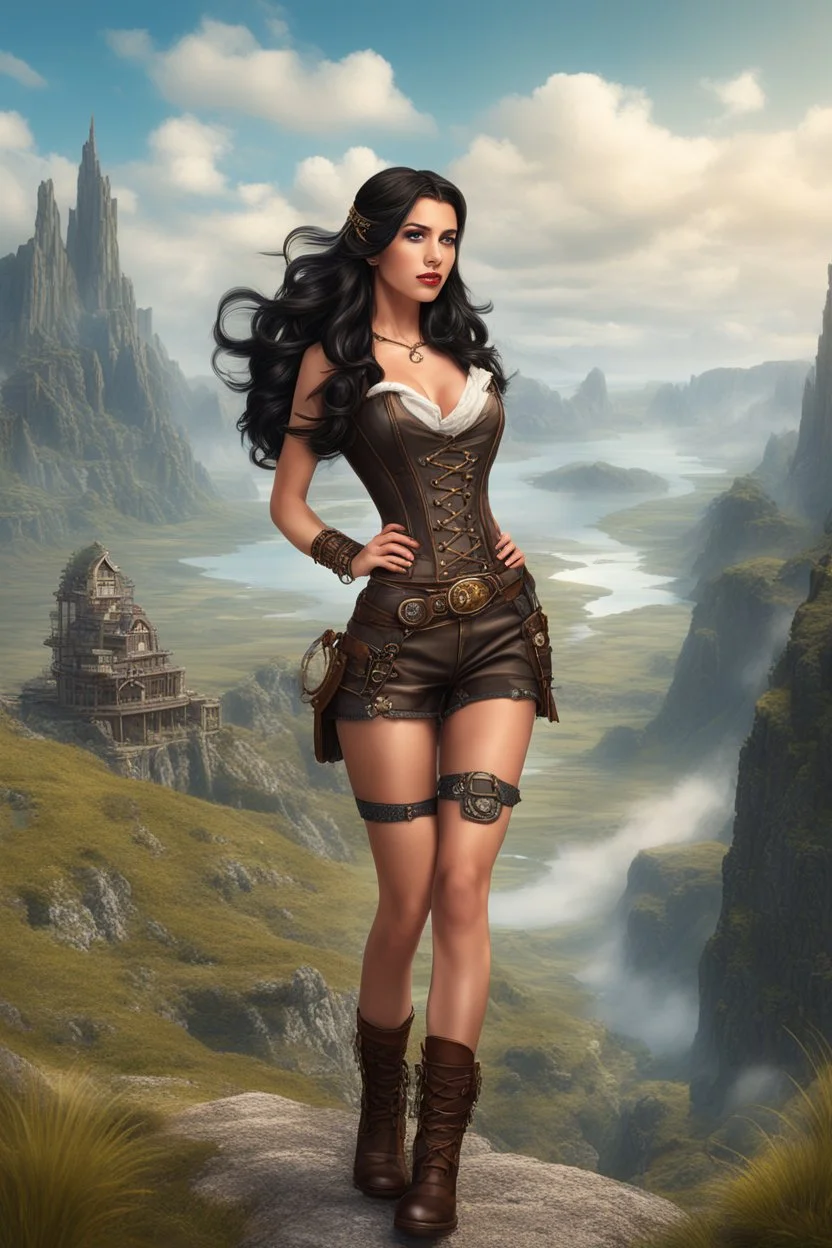 Photorealistic full-height photo of a fantasy skinny pin-up girl in steampunk shorts with long, dark hair, in a fantasy landscape
