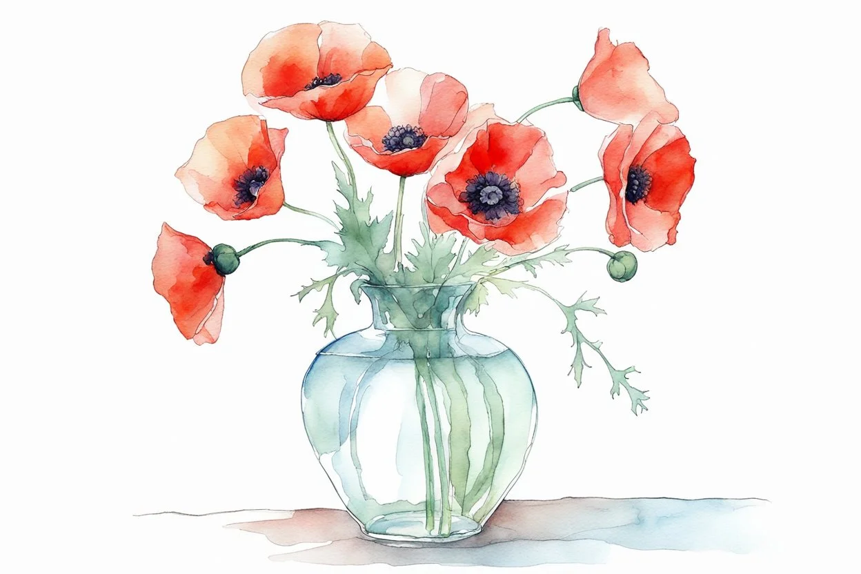 Sketchy sharp line wet watercolour of a vase of poppies