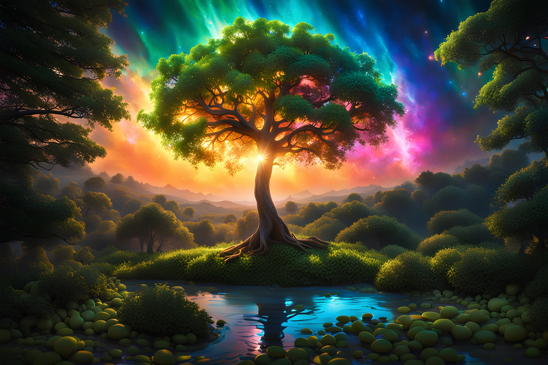 The birth of Creation, a leafy Tree with energetic and colorful streams of light in an epic galactic sky, with professional color grading, soft shadows, no contrast, Cinematic lighting, Volumetric lighting, Epic composition, Photorealism, Bokeh blur, Very high detail, Sony Alpha α7, ISO1900, Character design, Unreal Engine, Octane render, HDR, Subsurface scattering