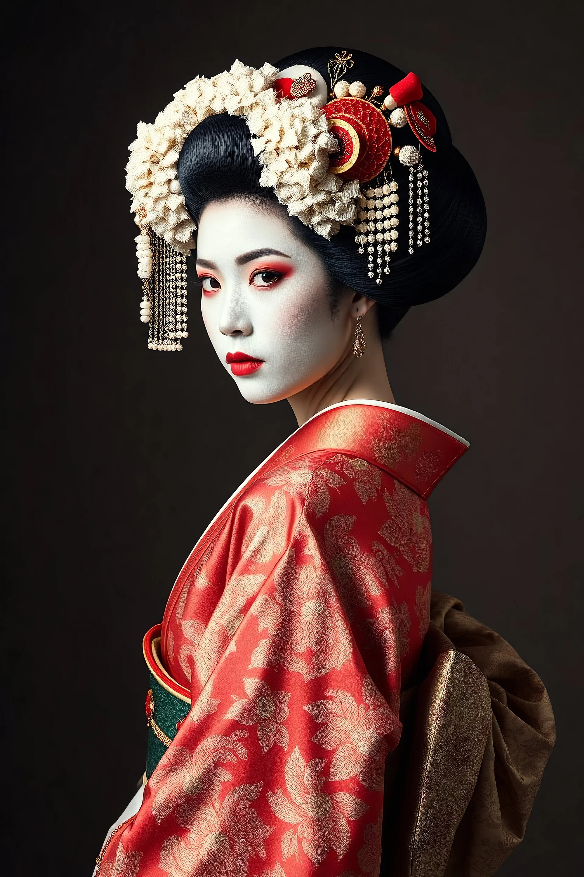 Traditional Japanese Oiran, full body side view, looking at the viewer, white make up on her face, big hair with large hair ornaments, traditional silk brocade Kimono, studio photograph, very aesthetic, highly detailed, brilliant composition, hyper realistic, photorealistic, subsurface scattering matt painting