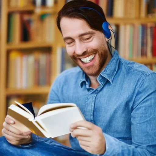 smiling man reading book into microphone by Picasso