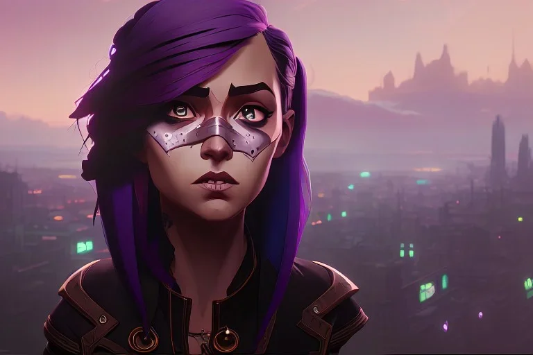 An extremely detailed, painting of a girl looking at camera surrounded by beautiful cyberpunk landscape surrounded by universe