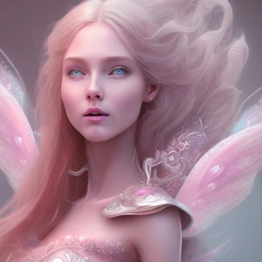 a pink castle, a cheerful fairy in front, big smile, pink, blonde hair, beautiful, whole face, whole top hair head, wide open blue eyes, transparent wings onn the back, hyperrealism, masterpiece, expert, cinematic lighting, sharp focus, 8K, pastel, macro lens, woman, detailed, flower