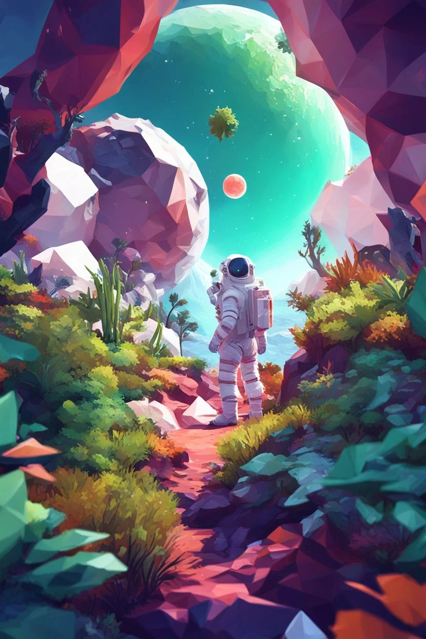 (((close midshot))), (((low poly art:2))), (astronaut), ultra detailed illustration of an environment on a dangerous:1.2 exotic planet with plants and wild (animals:1.5), (vast open world), astroneer inspired, highest quality, no lines, no outlines candid photography. by Lekrot